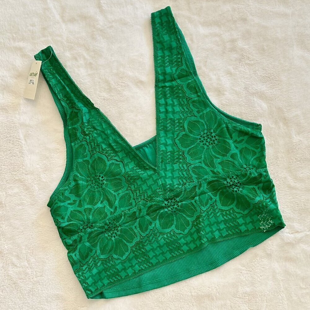 NWT Aerie Holiday Green Floral Lace Ribbed Bralette Crop Top - M
